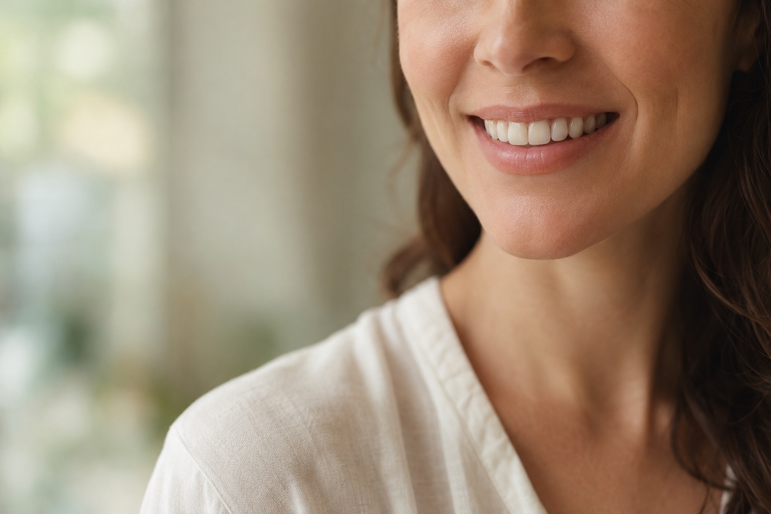 A real patient's smile, unretouched and close in, not a stock model